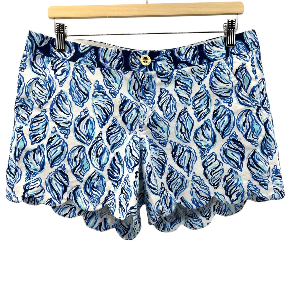 Lilly Pulitzer Buttercup Stretch Scalloped Shorts Blue White Seashell Size 10